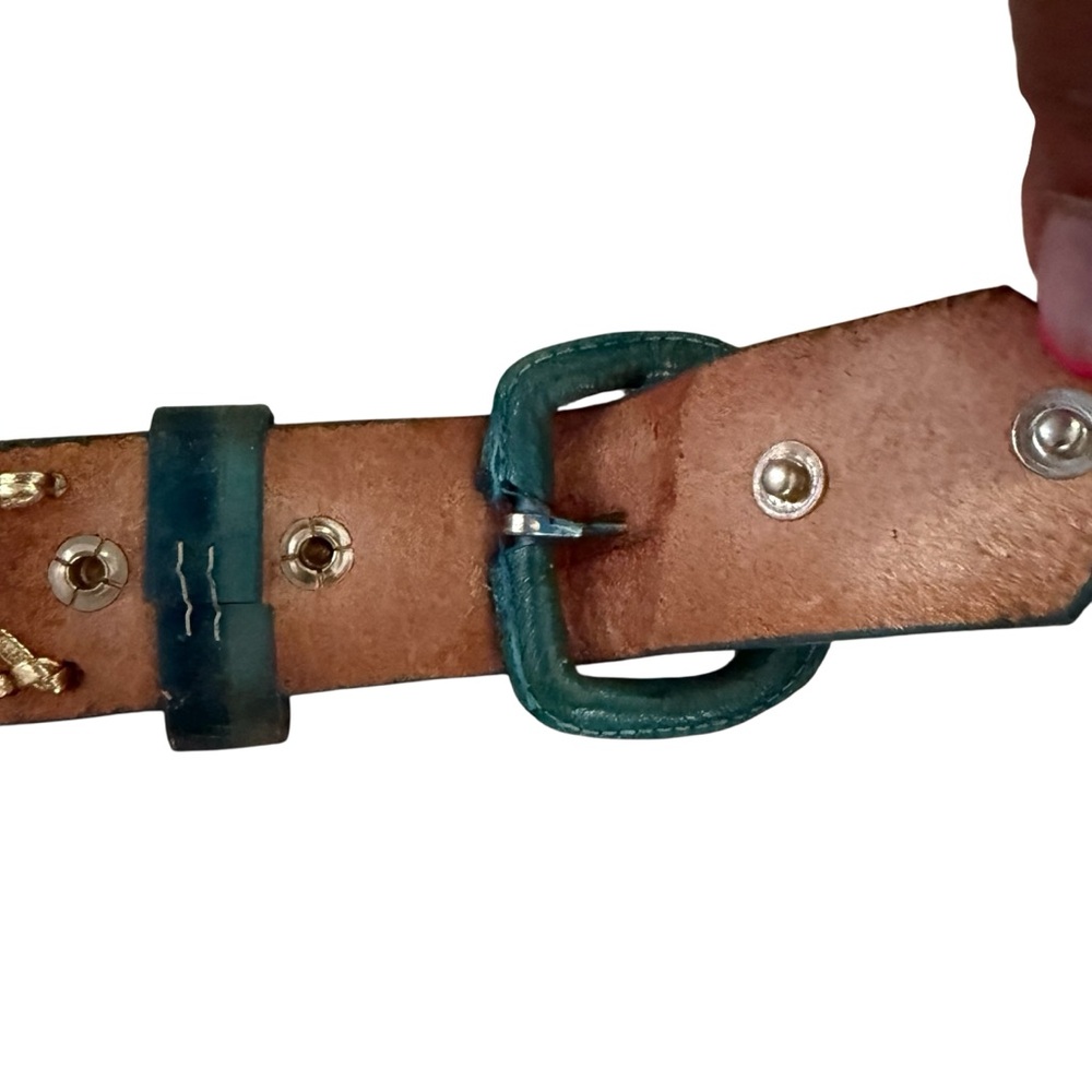 VTG Western Mallory Tooled Whip Stitched Belt Turquoise Green Brown 32, 38, 40 - Picture 11 of 15